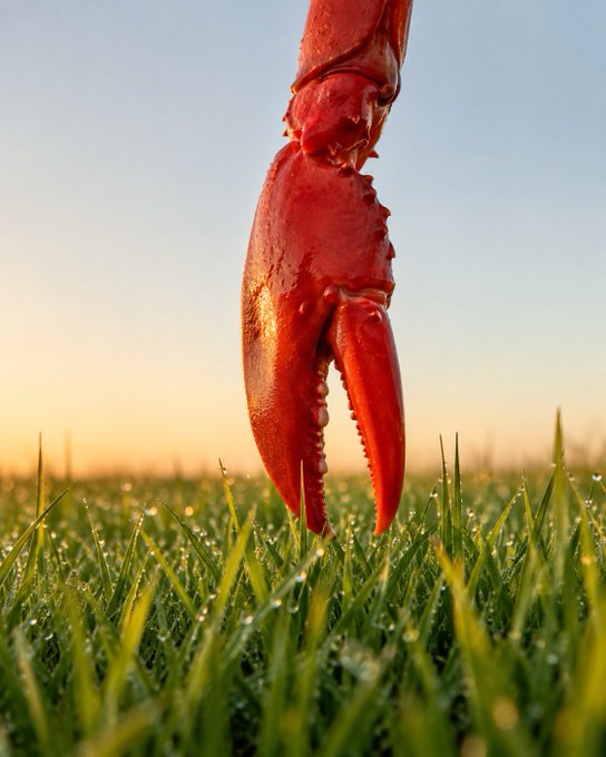 A large, red lobster claw is shown above a field of dew-covered grass at sunrise. This image visually represents "touching grass" after a long period of "charts," implying a much-needed break from data-intensive work.