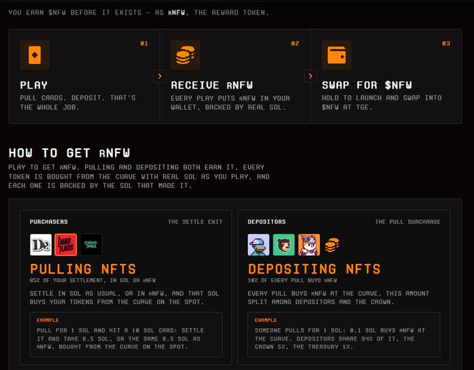 Informational graphic explaining how to earn $NFW tokens by playing, depositing NFTs, and swapping for $NFW, with details on pulling and depositing NFTs.