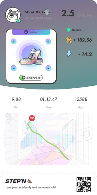 iphone screen displaying a step count app with a cartoon dog and blue sky background, featuring a pink building and green path.