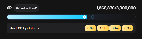 An experience point (XP) progress bar shows 1,868,836/3,000,000 XP earned, with a countdown timer indicating the next XP update in 00 days, 11 hours, 00 minutes, and 38 seconds.