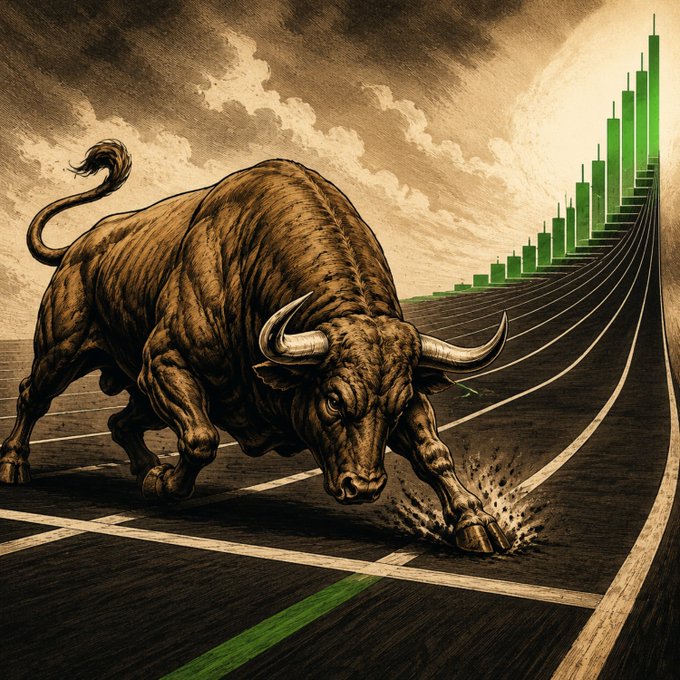 A vintage-style illustration depicts a charging bull on a running track, with green ascending bar chart bars replacing the lanes ahead.