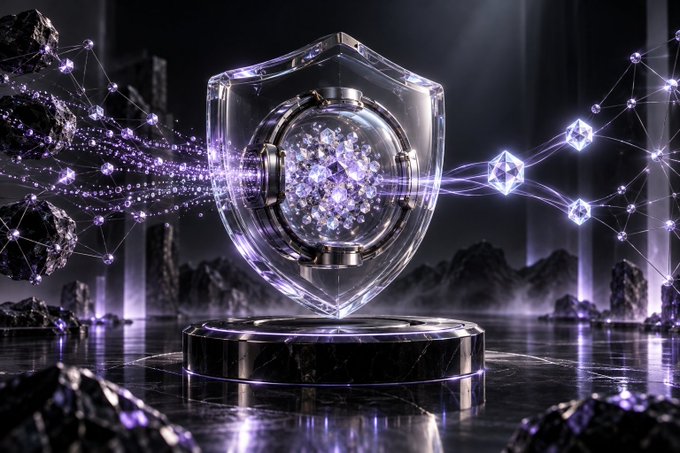 A futuristic glass shield with a metallic center hovers on a black marble pedestal, emitting purple energy streams that connect to geometric crystal cubes floating in the air.