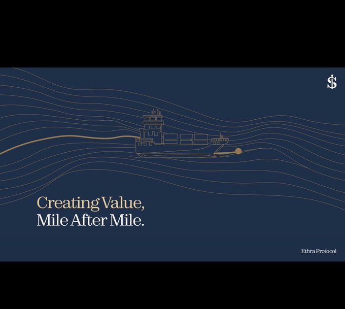 A minimalist navy blue graphic for "Ethra Protocol" features a gold line drawing of a ship towing a buoy, with the tagline "Creating Value, Mile After Mile."
