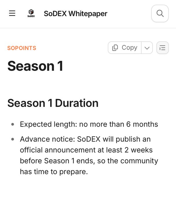 A screenshot of the SoDEX Whitepaper showing the "Season 1" section under "SOPOINTS," which states that Season 1 is expected to last no more than 6 months and that SoDEX will publish an official announcement at least 2 weeks before it ends—directly supporting the post's claim that an announcement is imminent as Season 1 enters its 23rd week.