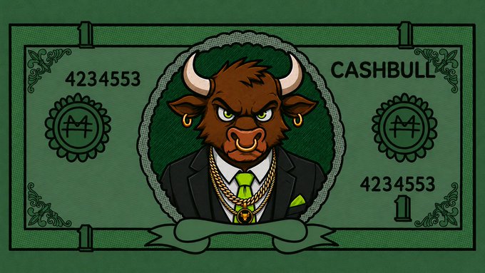 An illustration of a stylized green dollar bill featuring a fierce, anthropomorphic brown bull wearing a suit, gold chains, and a nose ring in the center, with the text 'CASHBULL' and the number '4234553' on both sides.