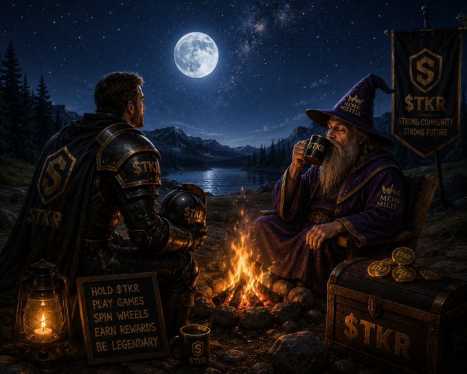 A knight and a wizard sit by a campfire under a moonlit sky, surrounded by $TKR-branded banners, a treasure chest of coins, and a sign reading "HOLD $TKR, PLAY GAMES, SPIN WHEELS, EARN REWARDS, BE LEGENDARY," symbolizing the project's vision of community-driven growth and rewards. The scene's peaceful yet purposeful atmosphere mirrors the post's message of rest, recharge, and returning ready to build and grow the $TKR community together.