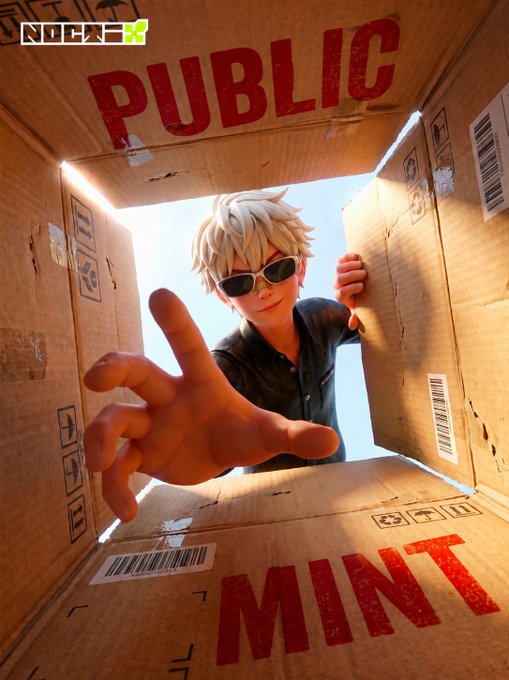A 3D-rendered illustration of a young boy with blond hair and sunglasses reaching out from inside a cardboard box marked 'PUBLIC' and 'MINT', with the 'NOIZ' logo in the upper left.