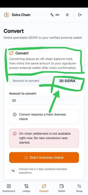 The image shows the Sidra Chain "Convert" page where users can settle pending SIDRA tokens to their external wallet, with an example showing 30 SIDRA being entered. The accompanying caption explains that the conversion process creates an off-chain balance hold and then mints the same amount to the external wallet, clarifying that Sidra will not launch a new native coin to replace SDA.