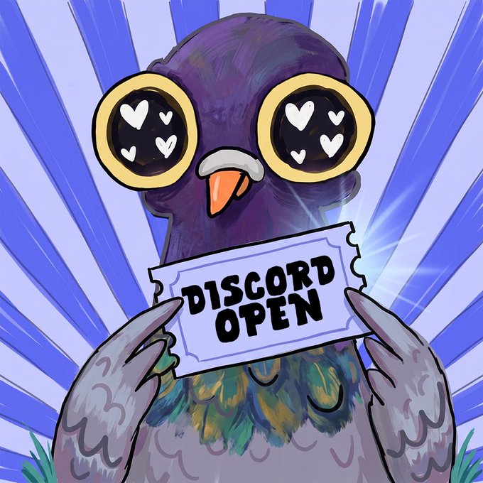 A cartoon pigeon with heart-shaped eyes excitedly holds up a ticket reading "DISCORD OPEN," perfectly matching the announcement that the Discord server is now officially open with limited spots available.