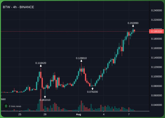 A 4-hour Binance candlestick chart for BTW shows a strong uptrend from late July through early August, with notable price points marked at 0.061010 (low on July 28), 0.118420, 0.078200 (Aug 3 dip), 0.128810, and a recent peak of 0.202890, illustrating the volatile pump highlighted in the post about holding through volatility.