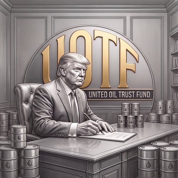 An illustrated image of Donald Trump sitting at a desk signing a document, with gold 'UOTF' lettering and 'UNITED OIL TRUST FUND' text behind him, surrounded by oil barrels.