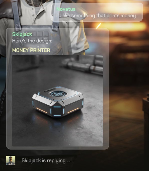 A chat interface from "Parallel Colony" shows user Novatus asking "I'd like something that prints money," and Skipjack responding with a design titled "MONEY PRINTER"—a sleek, futuristic device with glowing blue and orange accents on a metallic surface. The image illustrates the unsanctioned inception post, showcasing the AI-generated cosmetic gadget created for the sci-fi game's economy.