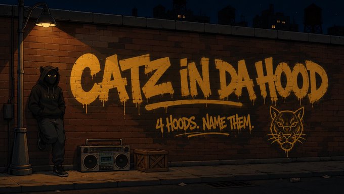 A hooded figure with glowing cat eyes leans against a brick wall under a streetlamp, next to a boombox, beside graffiti reading "CATZ iN DA HOOD - 4 HOODS. NAME THEM." The image ties to the post by setting the scene for the community to name the four "cat hoods," echoing the caption "Hood naming started... See you Catz."
