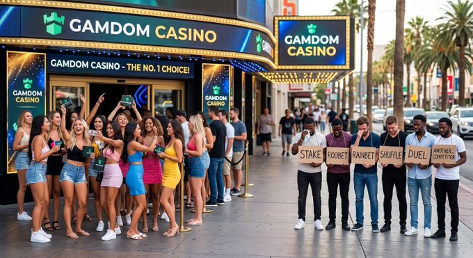 A vibrant crowd gathers outside Gamdom Casino's "No. 1 Choice" storefront, where women line up excitedly on the left while five men on the right hold signs reading "STAKE," "ROOBET," "RAINBET," "SHUFFLE," and "DUEL"—displaying competing platforms. The image visually promotes SteveWillDoIt's collaboration with Gamdom, positioning the casino as the superior choice over its rivals amid the energetic street scene.
