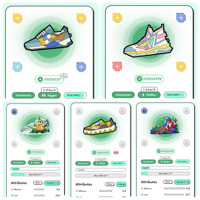 The image shows a collection of five different shoe designs displayed on a white background, each with its own unique color scheme. The shoes are arranged in two rows, with three pairs in the top row and four pairs in the bottom row. Each pair has a distinct design that stands out against the white backdrop. The post is titled "StepN" and provides information about the shoe designs, including their colors and styles.