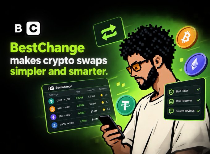 BestChange promotional graphic stating 'makes crypto swaps simpler and smarter' featuring an illustrated man with a phone, showing exchange rates for USDT, BTC, ETH, and USDC.