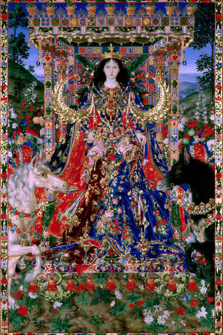 An ornate painting features a crowned female figure with wings surrounded by a unicorn, a donkey, and lush floral designs.
