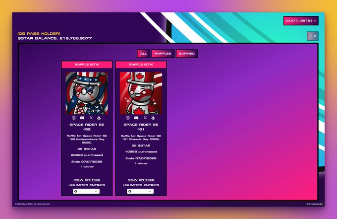 A screenshot from a raffle page shows two Space Rider NFTs with flags—the Independence Day Rider ('22) with 20,222 entries at 25 STAR each and the Canada Day Rider ('21) with 10,868 entries—alongside an OG Pass Holder's $STAR balance of 219,756.0577, illustrating the tweet's claim that 31,090 total entries have resulted in 777,250 STAR burned across both raffles.