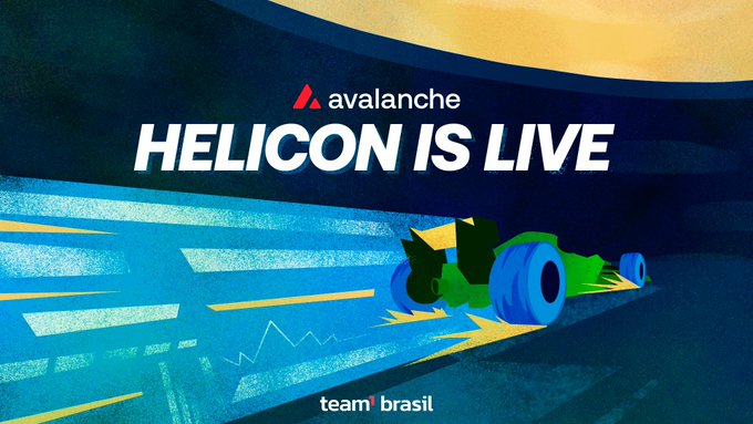 A promotional graphic announces 'HELICON IS LIVE' for 'avalanche' with 'team brasil' branding, featuring a stylized green and blue Formula 1 race car illustration.