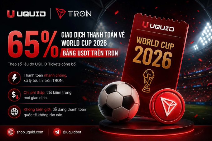 An advertisement for UQUID and TRON offering a 65% discount for World Cup 2026 transactions paid in USDT on the TRON network, featuring a World Cup 2026 ticket and soccer ball.