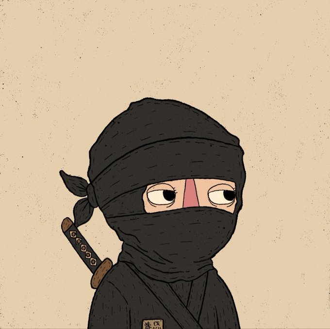 An illustrated cartoon ninja with a black hood covering everything except the eyes and nose, with a sword strapped to the back and Japanese text on the chest piece.