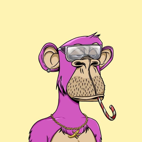 A cartoon NFT-style illustration of a purple monkey or ape character wearing sunglasses and a gold chain, holding a candy cane in its mouth.
