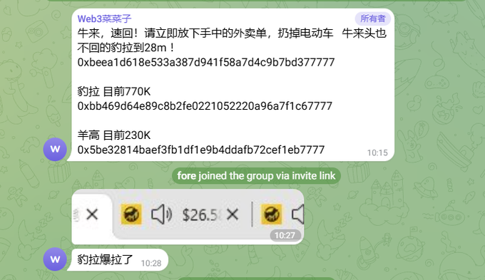 A Telegram group chat screenshot in Chinese titled 'Web3买菜子' featuring messages about meme coins (牛来, 豹拉, 羊高) with their contract addresses and prices, including a sticker message and 'fore joined the group via invite link' notification.