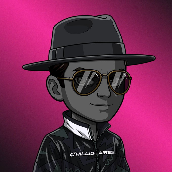 An illustrated portrait of a young person wearing a dark gray fedora, aviator sunglasses, and a jacket with the word 'CHILLIONAIRES' printed on it against a vibrant magenta background.