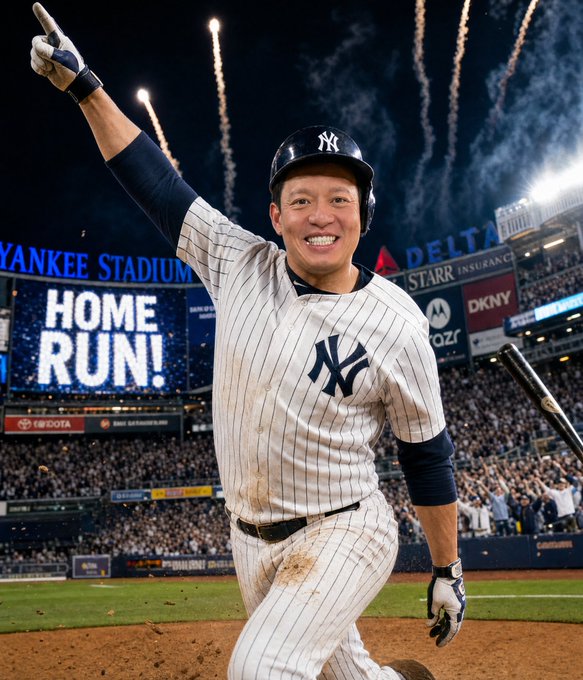 A New York Yankees player in pinstripe uniform celebrating with his arm raised at Yankee Stadium as fireworks explode and the scoreboard displays 'HOME RUN!'.