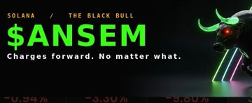 A dark promotional graphic for '$ANSEM' on Solana featuring a black bull with glowing neon horns and text 'The Black Bull - Charges forward. No matter what.'