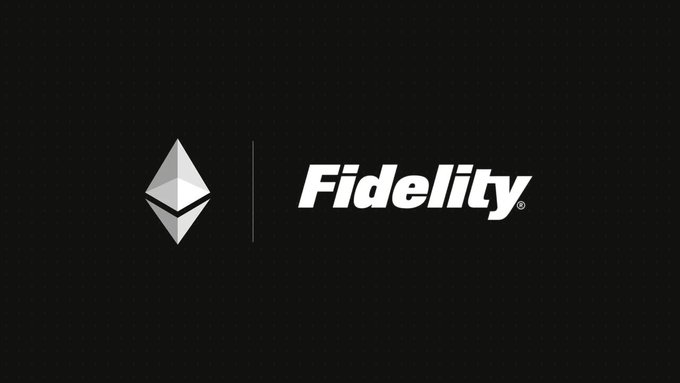 A black background displaying the Ethereum diamond logo alongside the Fidelity logo, indicating a partnership between the two brands.