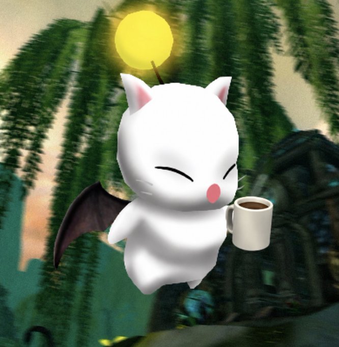 A cute 3D-rendered white creature with bat wings and a glowing yellow orb above its head holds a mug of coffee against a backdrop of green palm fronds.