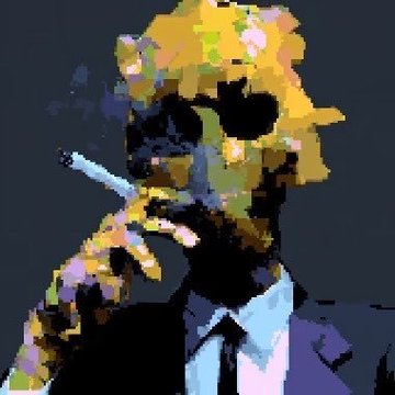 A pixel art style portrait of a person with blonde hair and dark sunglasses, wearing a dark suit jacket and light blue shirt.