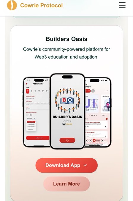 A mobile app screenshot for Cowrie Protocol showcases 'Builders Oasis,' described as a community-powered platform for Web3 education and adoption, with 'Download App' and 'Learn More' buttons.