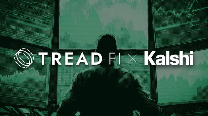 A promotional graphic for "TREAD FI x Kalshi" featuring a hooded figure viewed from behind, surrounded by multiple green-toned financial charts and graphs.