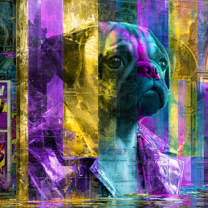 A vibrant, psychedelic digital artwork features a pug rendered in bold purples, yellows, and teals with a glitch and collage aesthetic, overlaid on abstract urban textures. The piece aligns with the post's description of "Pugism II," blending surrealism and retro-futurism in a 1/1 exclusive NFT titled "Gentlepug."