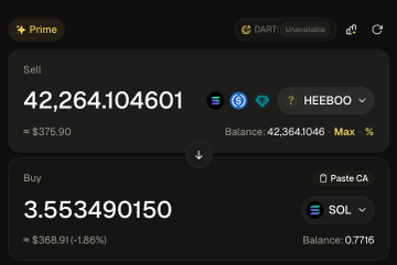 A cryptocurrency trading interface showing a HEEBOO sell order of 42,264.104601 ($375.90) and a SOL buy order of 3.553490150 ($358.91, -1.86%) with DART marked as unavailable.