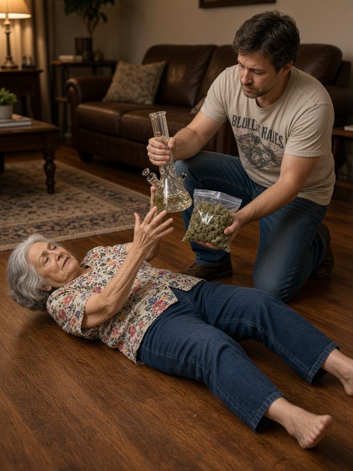 A man kneeling on a wooden floor offers a glass bong and a bag of cannabis to an older woman lying on her back, in a staged domestic living room scene.