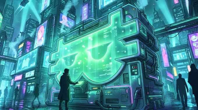 A hooded figure interacts with a glowing green digital kiosk displaying an eye-shaped emblem, set against a vibrant cyberpunk cityscape of neon-lit skyscrapers and billboards. The imagery of a futuristic transaction terminal aligns with the post's theme of "earning while others scroll," symbolizing opportunity and crypto-style rewards in a digital-first world.