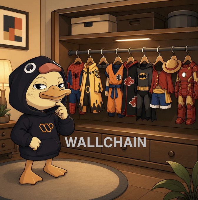 The image features a cartoon duck standing next to a wooden dresser with clothes hanging from hangers, including superhero costumes such as Spiderman and Batman suits. The duck appears to be contemplating its outfit choices while surrounded by these outfits. The caption below the image reads "A lot of people still underestimate how valuable attention really is ... @wallchain is one of the few projects seriously exploring how that value can become measurable and onchain instead".
