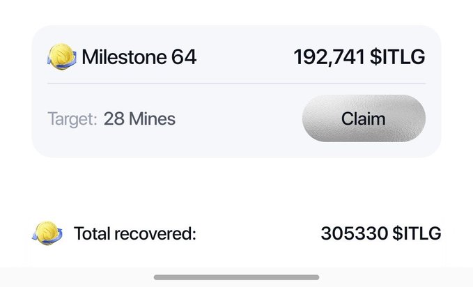 A mobile app screen showing 'Milestone 64' achieved with a reward of 192,741 $ITLG, with a target of 28 Mines and a total recovered amount of 305,330 $ITLG.