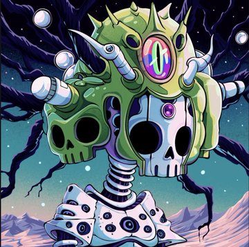 An illustration of a skull with a spiked crown, mechanical neck, and a cyclopean eye emerging from dark thorny vines.
