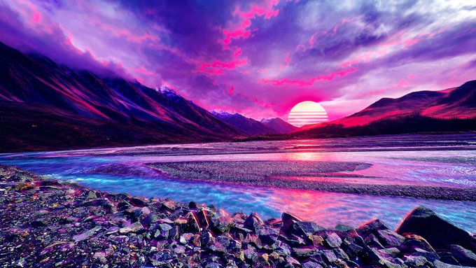 A vibrant synthwave-inspired landscape showcases a retro sun setting behind purple-hued mountains, with a glowing pink and blue sky reflecting on a rocky shoreline and icy river below—perfectly matching the nostalgic, neon aesthetic of the synthwave collection announcement.