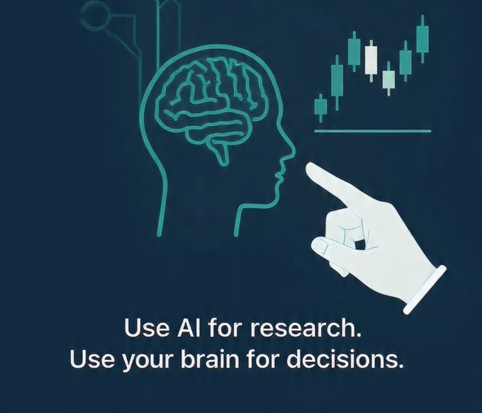 An illustration shows a human head outline containing a teal brain, a robotic hand pointing at it, and a candlestick chart, with the caption: "Use AI for research. Use your brain for decisions."

The image visually reinforces the post's message that AI serves as a research tool while human judgment remains essential for trading decisions.