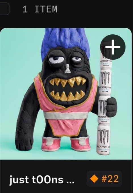 An NFT listing titled 'just t0Ons ...' (#22) featuring a sculpted monster figure with blue hair and pink outfit holding a stack of Monster Energy cans.