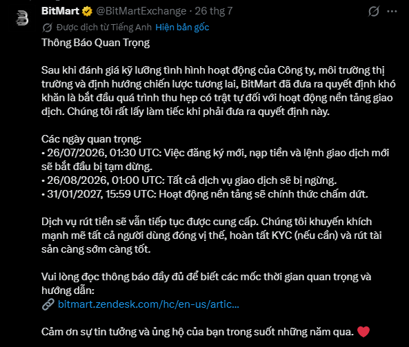 BitMart (@BitMartExchange) announced it will cease operations, with new registrations and deposits pausing on 26/07/2026, all trading services ending 26/08/2026, and the platform officially shutting down 31/01/2027, while withdrawals remain available for users.