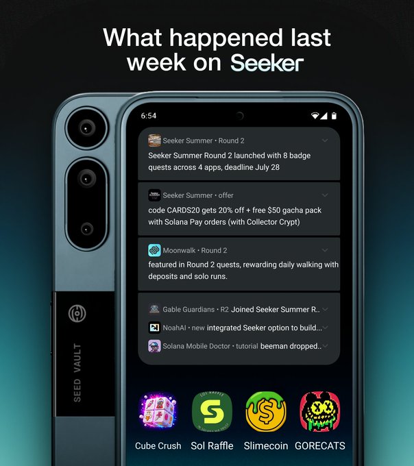 The image shows a phone screen with notifications from "Seeker Summer Round 2", including badge quests and a $50 gacha pack offer with code "CARDS20" and Solana Pay. This relates to the post questioning if this week can top the big one from last week, implying these Seeker summer activities were significant.