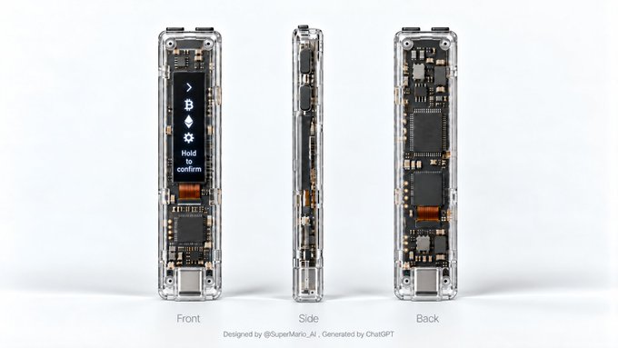 A product rendering showing the front, side, and back views of a transparent hardware cryptocurrency wallet displaying 'Hold to confirm' on its screen, with the caption 'Designed by @SuperMario_AI - Generated by ChatGPT' at the bottom.