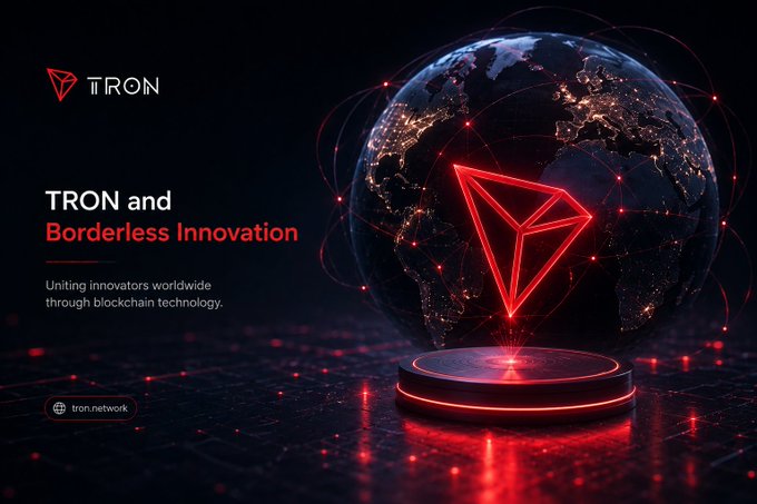 A TRON promotional graphic titled 'TRON and Borderless Innovation' featuring a glowing red TRON diamond logo over a digital globe, with the tagline 'Uniting innovators worldwide through blockchain technology.' and tron.network URL.