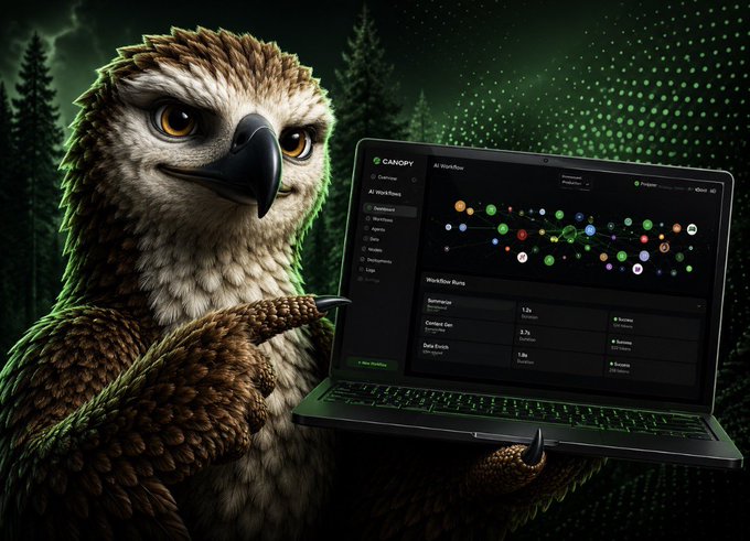 A highly detailed digital illustration depicts a hawk or eagle holding a laptop running 'CANOPY' workflow software, set against a dark green forest background with glowing dots.